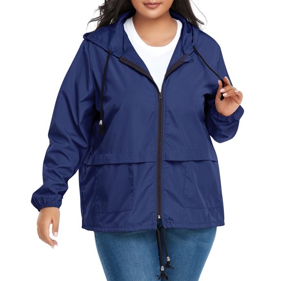 American Trends Plus Size Rain Jacket for Women Raincoat Waterproof with Hood Rain Coats for Women Lightweight Navy 3XL