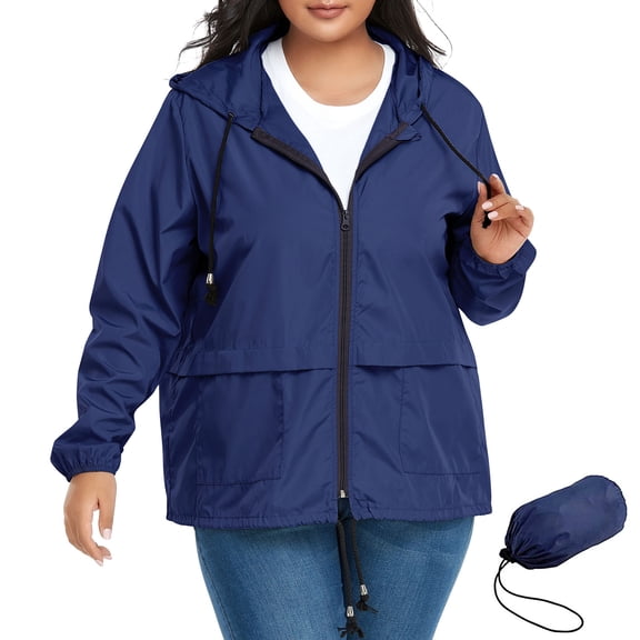 American Trends Plus Size Women Waterproof Rain Jacket with Hood Packable Lightweight Windproof Raincoat with Pockets Navy 3XL