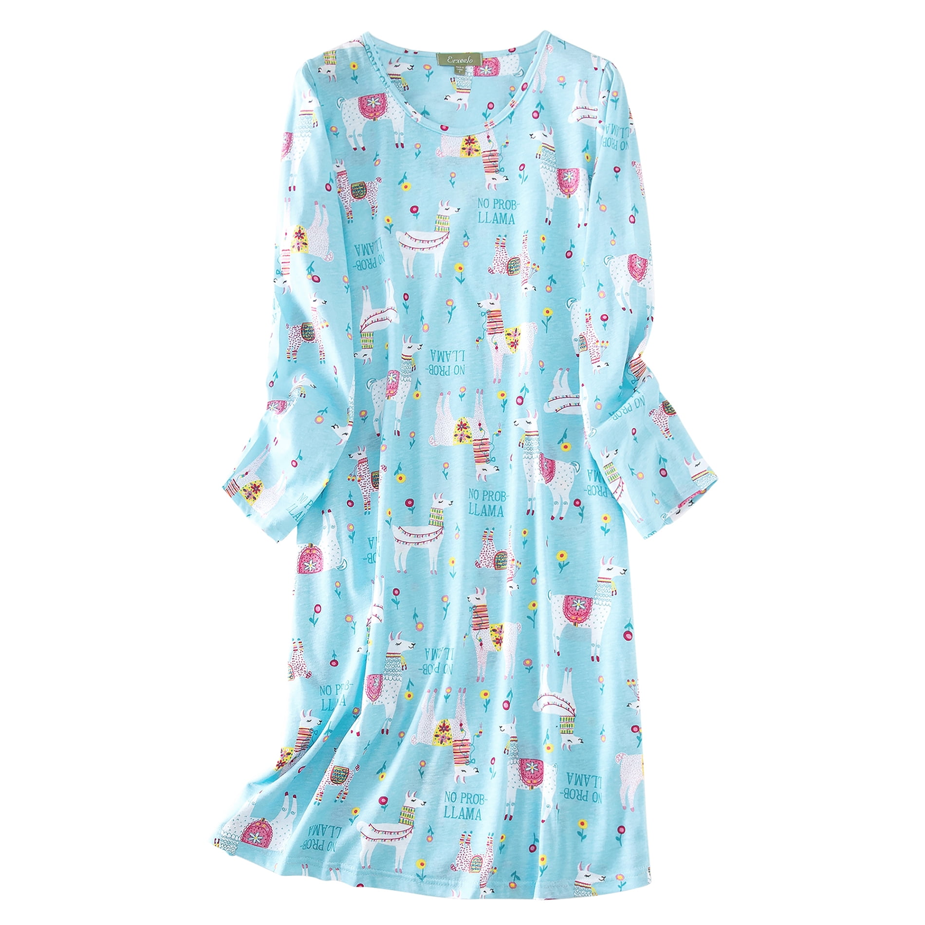 American Trends Long Sleeves Nightgowns for Women Soft Cotton Night Shirts for Ladies Sleepwear Womens Plus Size Pajama Dress Blue Alpaca X-Large