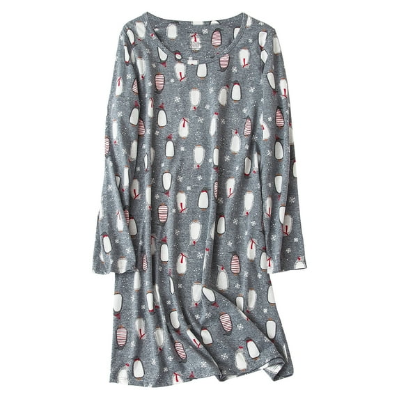 American Trends Long Sleeves Nightgowns for Women Soft Cotton Night Shirts for Ladies Sleepwear Womens Plus Size Pajama Dress Gray Penguin Large