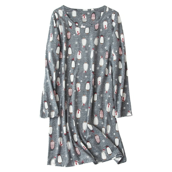 American Trends Long Sleeves Nightgowns for Women Soft Cotton Night Shirts for Ladies Sleepwear Womens Plus Size Pajama Dress Gray Penguin Medium