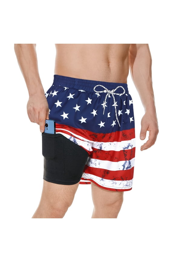 Men's American Flag Swim Trunks 4th of July Patriotic Bathing Suits with Liner Quick Dry Board Shorts