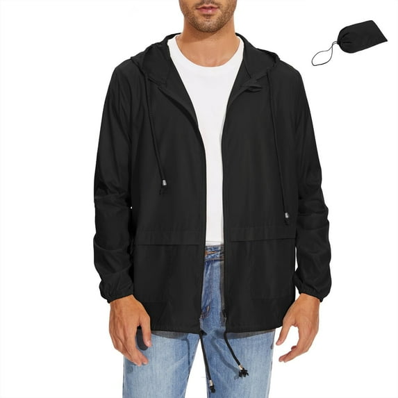 American Trends Packable Men's Rain Jacket Waterproof Raincoat for Men Lightweight Windbreaker with Hood Black 3XL