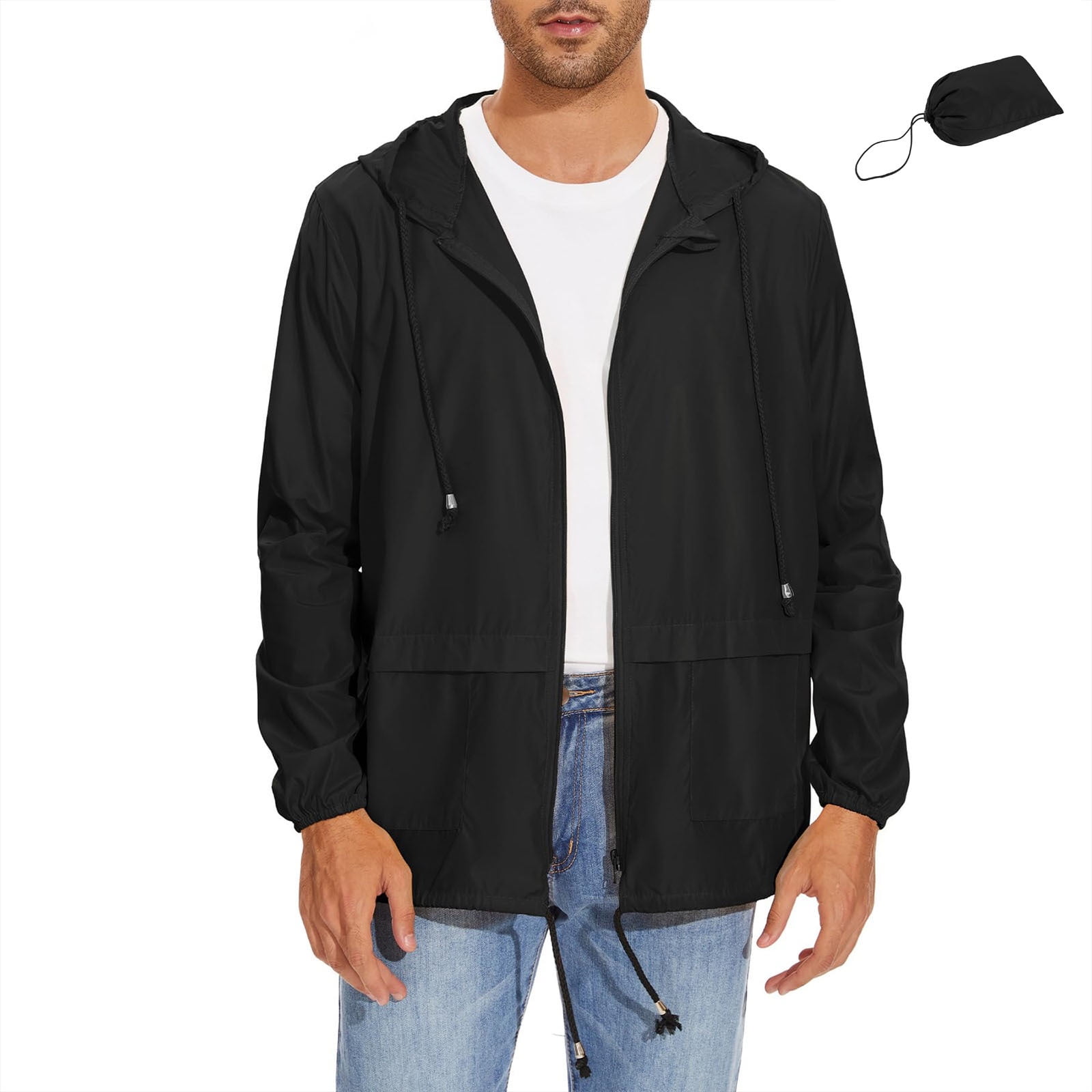 American Trends Packable Men s Rain Jacket Waterproof Raincoat for Men Lightweight Windbreaker with Hood Black 3X Large