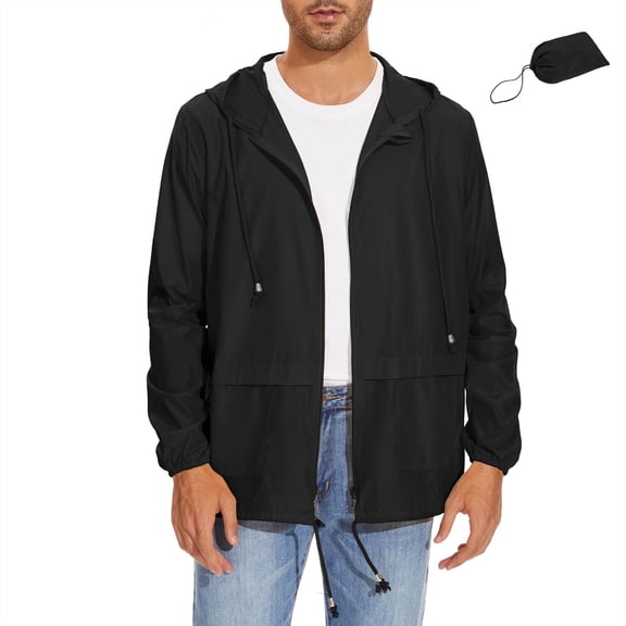 American Trends Packable Men's Rain Jacket Waterproof Raincoat for Men Lightweight Windbreaker with Hood Black M