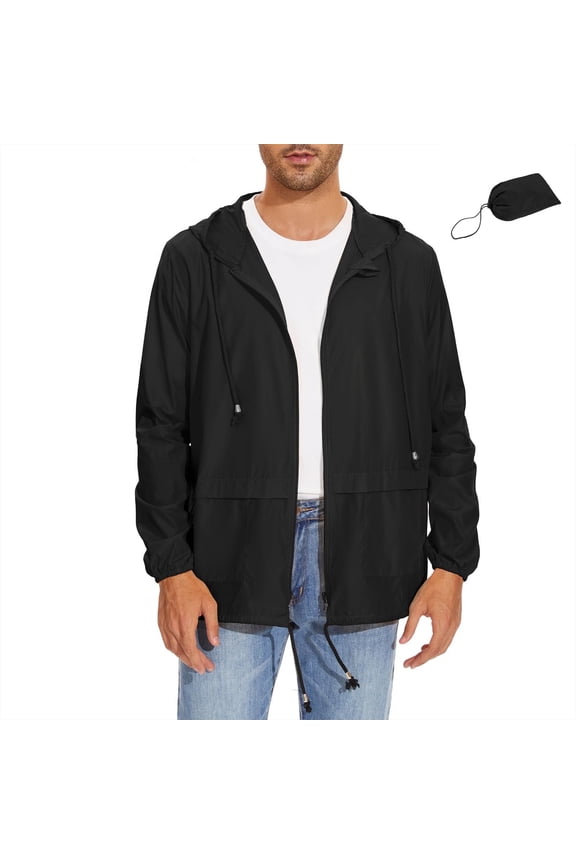 Packable Men's Rain Jacket Waterproof Raincoat for Men Lightweight Windbreaker with Hood Black M