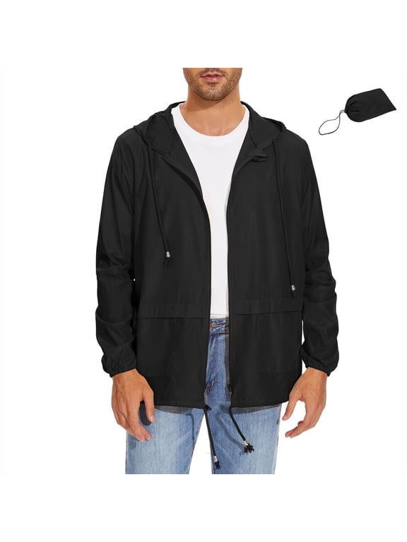 Packable Men's Rain Jacket Waterproof Raincoat for Men Lightweight Windbreaker with Hood Black XL