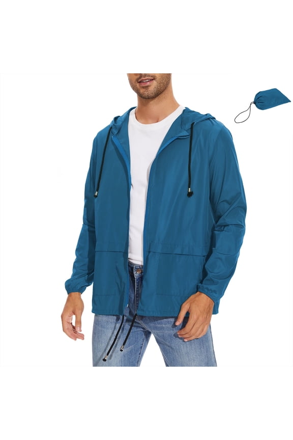 Packable Men's Rain Jacket Waterproof Raincoat for Men Lightweight Windbreaker with Hood Blue 3XL