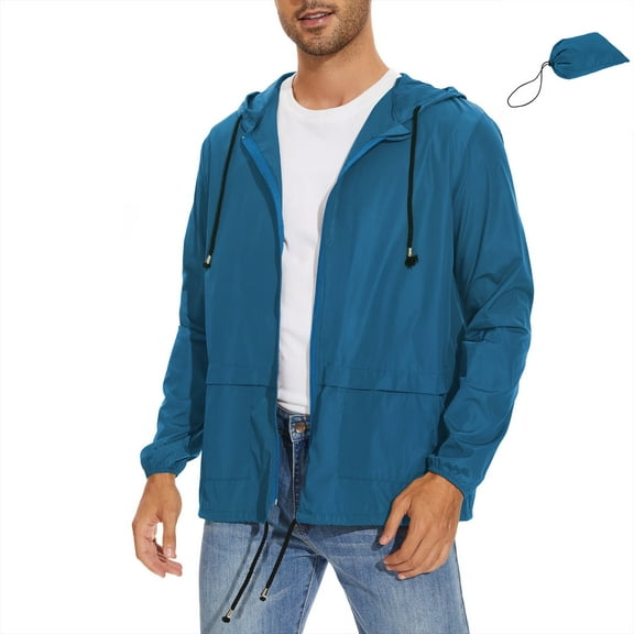 American Trends Packable Men's Rain Jacket Waterproof Raincoat for Men Lightweight Windbreaker with Hood Blue L