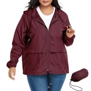 American Trends Plus Size Women Waterproof Rain Jacket with Hood Packable Lightweight Windproof Raincoat with Pockets Wine Red 3XL