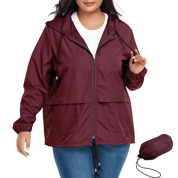 American Trends Plus Size Women Waterproof Rain Jacket with Hood Packable Lightweight Windproof Raincoat with Pockets Wine Red 3XL