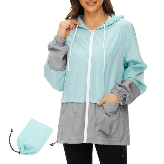American Trends Rain Coats for Women Waterproof with Hood Packable Rain Jackets Womens Lightweight Rain Jackets Outdoor Light Blue & Grey L