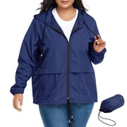 Plus Size Women Waterproof Rain Jacket with Hood Packable Lightweight Windproof Raincoat with Pockets Navy 4XL