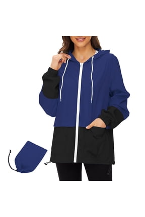 Women Waterproof Rain Jacket with Hood Packable Lightweight Windproof Raincoat with Pockets Outdoor Navy Blue S