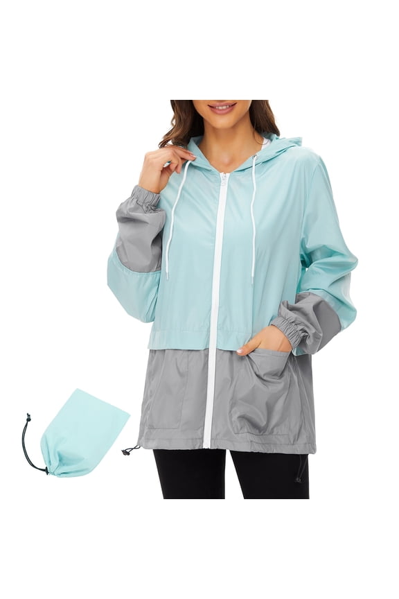 Rain Coats for Women Waterproof with Hood Packable Rain Jackets Womens Lightweight Rain Jackets Outdoor Light Blue & Grey M