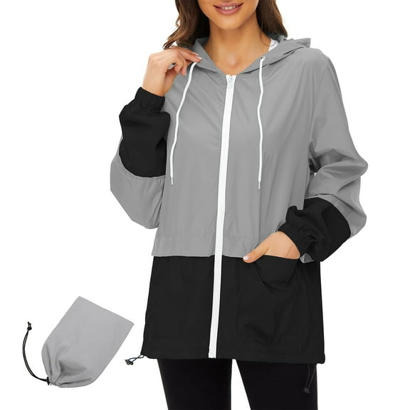 American Trends Rain Coats for Women Waterproof with Hood Packable Rain Jackets Womens Lightweight Rain Jackets Outdoor Grey & Black L
