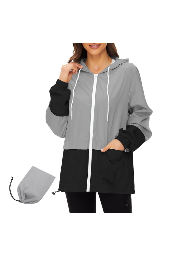 Rain Coats for Women Waterproof with Hood Packable Rain Jackets Womens Lightweight Rain Jackets Outdoor Grey & Black XL