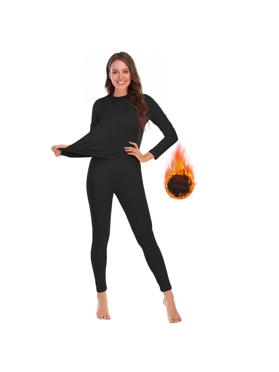 Thermal Underwear for Women Long Johns Women with Fleece Lined Base Layer Women Cold Weather Thermals Top and Bottom Set Black XL
