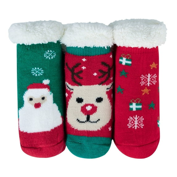 American Trends Toddler Kids Fuzzy Christmas Socks Baby Winter Slipper Socks Non Skid Socks for Girl Boy Baby Christmas Socks Fluffy Socks 3 Packs(Green Santa Claus & Red Deer & Red Gift) S