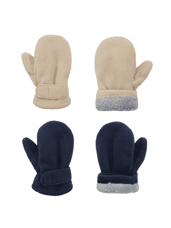 Toddler Mittens Unisex Fleece Lined Gloves Baby Winter Warm Mittens for Kids Boys and Girls -2 Pairs Navy & Beige 1-2 Years
