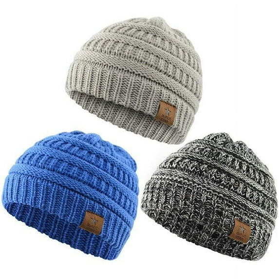 American Trends Warm Baby Knit Hat Cute Cozy Chunky Winter Cap Infant Toddler Baby Beanies for Boys Girls 3 Pack Black White & Light Grey & Blue