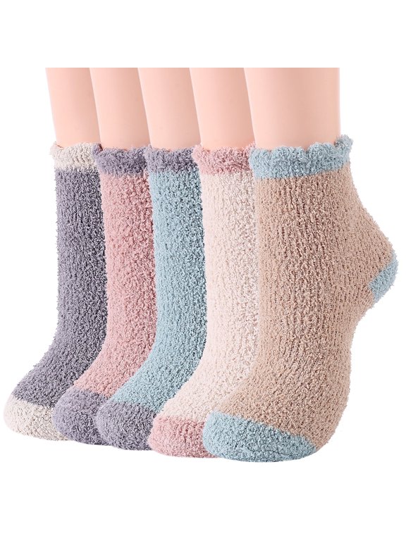 Warm Cozy Socks for Women Softest Fuzzy Socks Winter Slipper Socks Casual Sleeping Socks Fluffy Cute Crew Socks Super Soft Microfiber 5Pairs Cute Patchwork