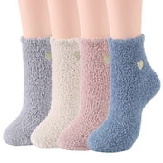 American Trends Warm Cozy Socks for Women Softest Fuzzy Socks Winter Slipper Socks Casual Sleeping Socks Fluffy Cute Crew Socks Super Soft Microfiber 4Pairs Cute Heart