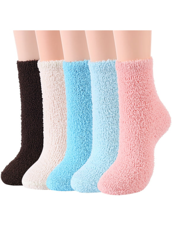 American Trends Warm Cozy Socks for Women Softest Fuzzy Socks Winter Slipper Socks Casual Sleeping Socks Fluffy Cute Crew Socks Super Soft Microfiber 5Pairs Vintage Solid