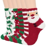 American Trends Warm Cozy Socks for Women Softest Fuzzy Socks Winter Slipper Socks Casual Sleeping Socks Fluffy Cute Crew Socks Super Soft Microfiber 6Pairs Christmas Tree