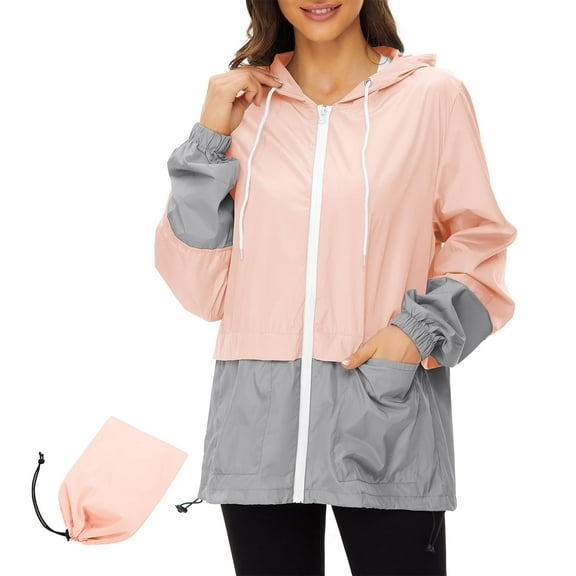 American Trends Rain Coats for Women Waterproof with Hood Packable Rain Jackets Womens Lightweight Rain Jackets Outdoor Pink & Gray L