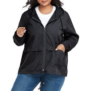 American Trends Plus Size Women Waterproof Rain Jacket with Hood Packable Lightweight Windproof Raincoat with Pockets Black 2XL