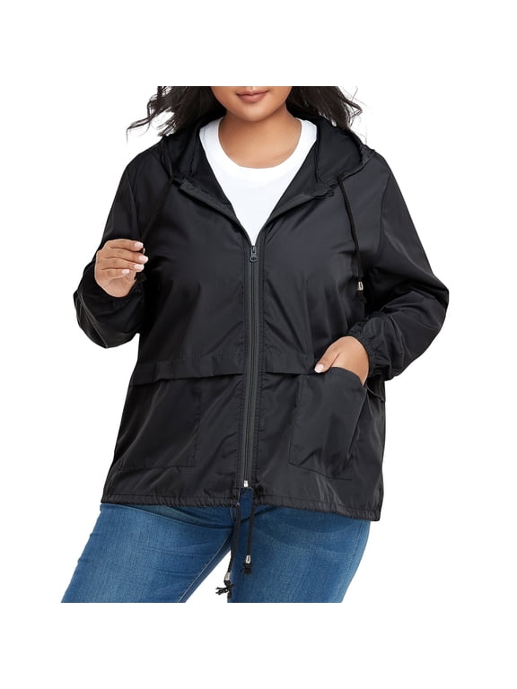 Plus Size Women Waterproof Rain Jacket with Hood Packable Lightweight Windproof Raincoat with Pockets Black 2XL