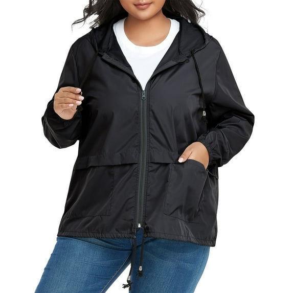 American Trends Plus Size Rain Jacket for Women Raincoat Waterproof with Hood Rain Coats for Women Lightweight Black 4XL