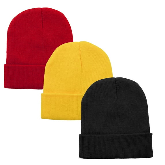 American Trends Winter Hats for Men Women Slouchy Cuffed Beanies Soft Plain Knit Hats Skull Caps Unisex 3 Pack(Black & Red & Yellow)