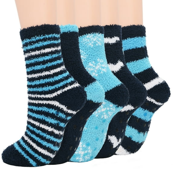 American Trends Women Warm Super Soft Cozy Fuzzy Socks Fluffy socks Slipper Socks for Women with Grippers Non Slip Sleeping Socks 5 Pack Blue Mix Black