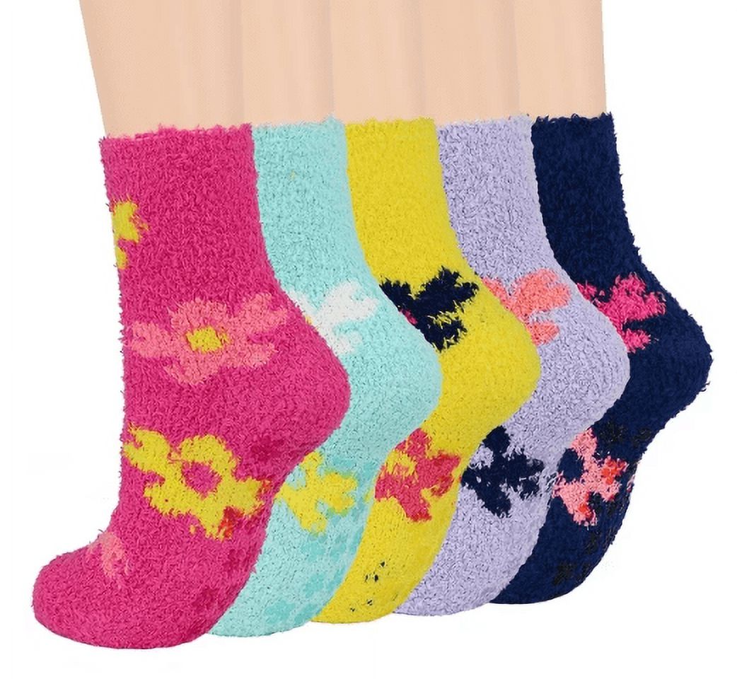 6-12 Pairs Women's Low Cut Cozy Fuzzy Slipper Socks - Soft Bed Socks, Multi-Color Striped