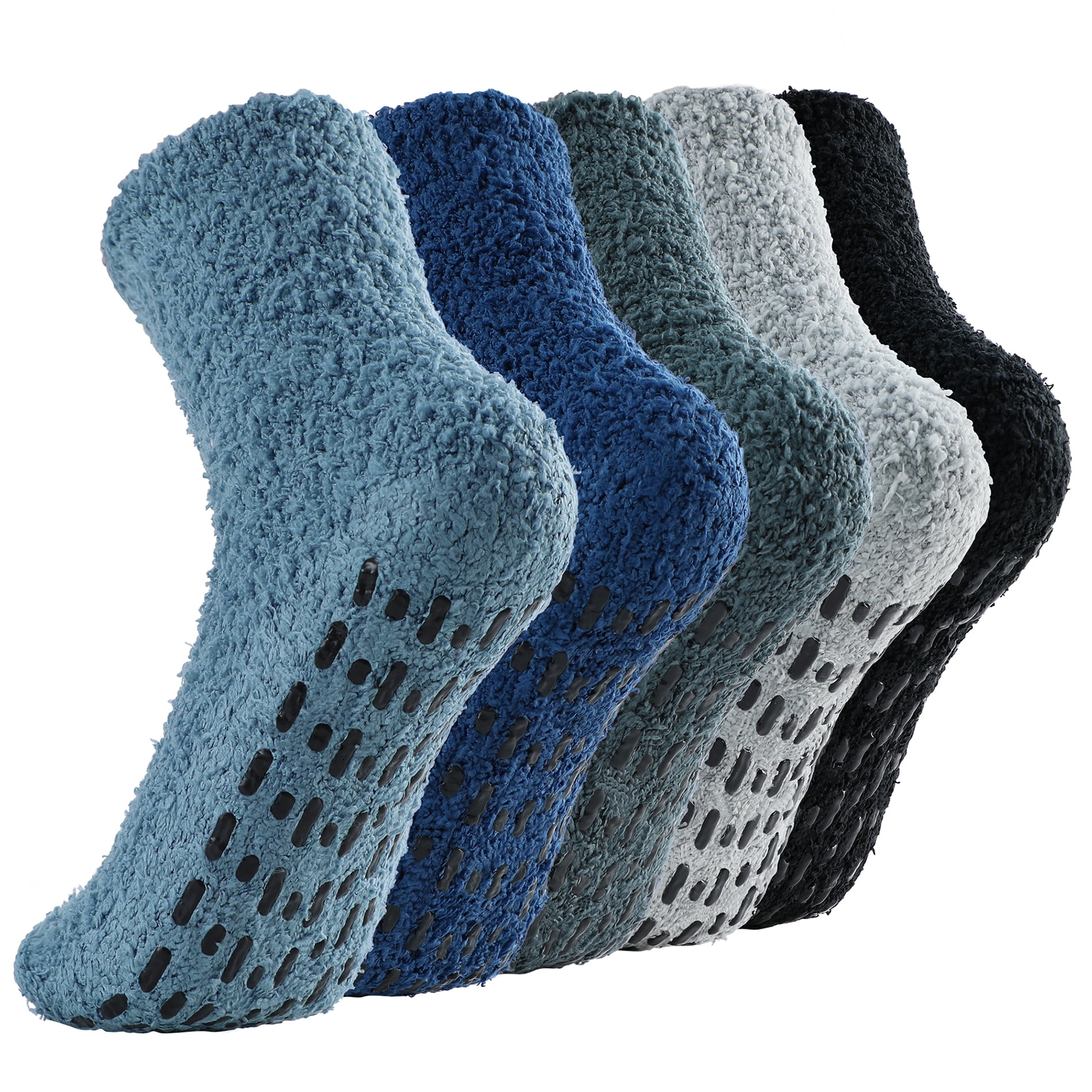 American Trends Women Warm Super Soft Cozy Fuzzy Socks Fluffy socks Slipper Socks for Women with Grippers Non Slip Sleeping Socks 5 Pack Dark Blue Series with Grips