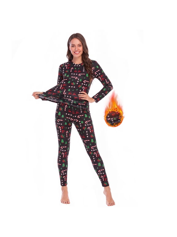 Womens Christmas Thermal Underwear Set Milk Silk Fleece Lined Base Layer with Holiday Print 4-Way Stretch Warm Pajama Set for Winter L
