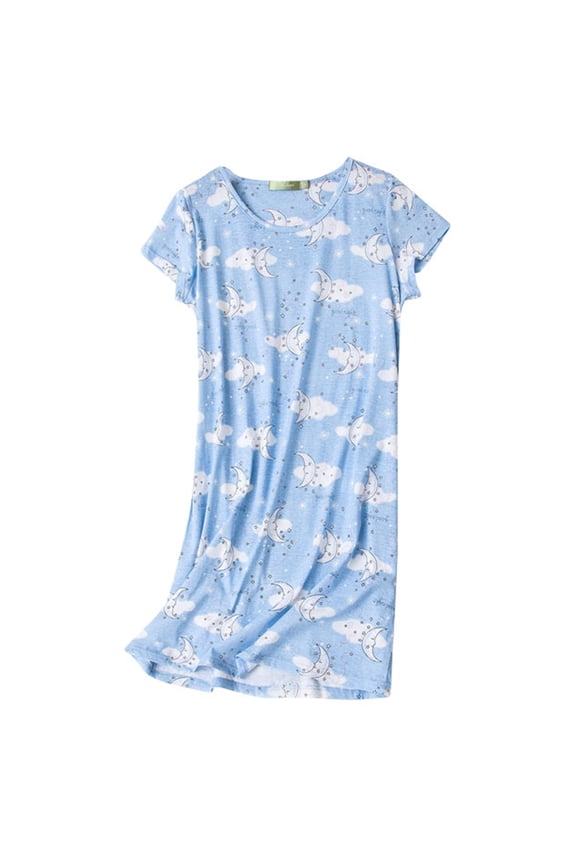 Womens Cotton Nightgowns Cartoon Printed Night Shirt for Sleeping Casual Pajamas Long Sleep Dress Cute Sleepwear Blue Moon Small