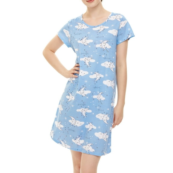 American Trends Womens Cotton Nightgowns Cartoon Printed Night Shirt for Sleeping Casual Pajamas Long Sleep Dress Cute Sleepwear Blue Moon XX-Large