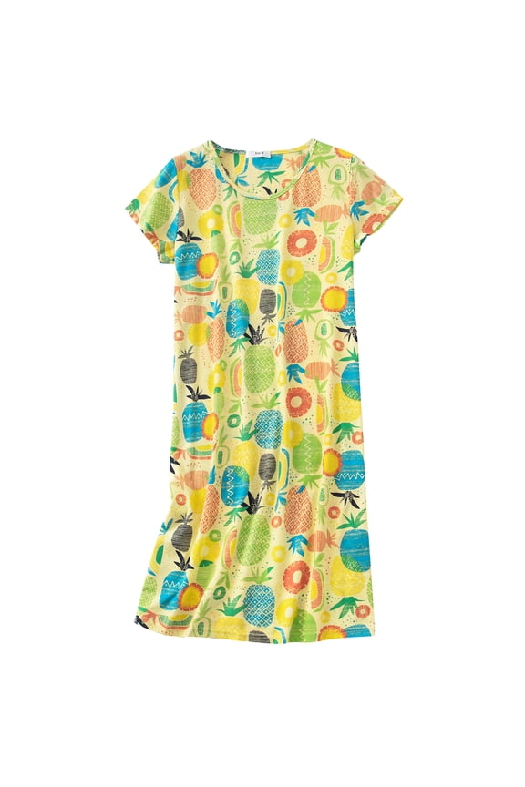 Womens Cotton Nightgowns Cartoon Printed Night Shirt for Sleeping Casual Pajamas Long Sleep Dress Cute Sleepwear Yellow Pineapple M