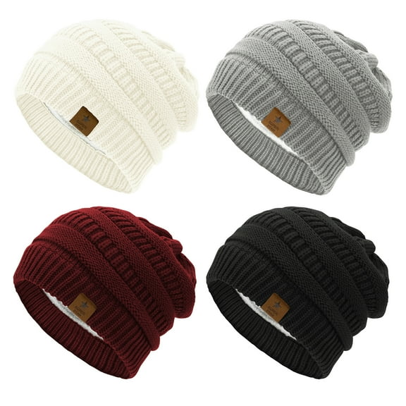 American Trends Womens Knit Beanie Winter Thick Solid Fleece Lined Beanie Hats for Women Men Unisex Warm Skiing Beanies Black & Burgundy & Light Grey & Ivory