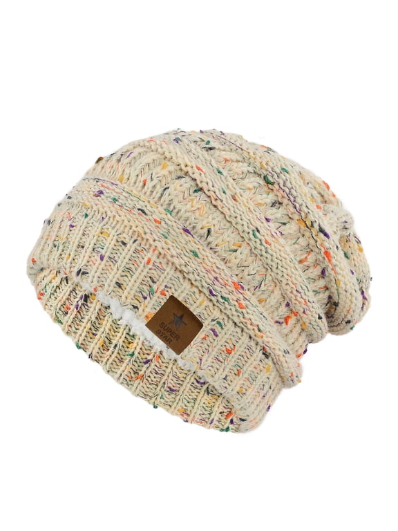 Womens Knit Beanie Winter Thick Solid Fleece Lined Beanie Hats for Women Men Unisex Warm Skiing Beanies Beige Mix