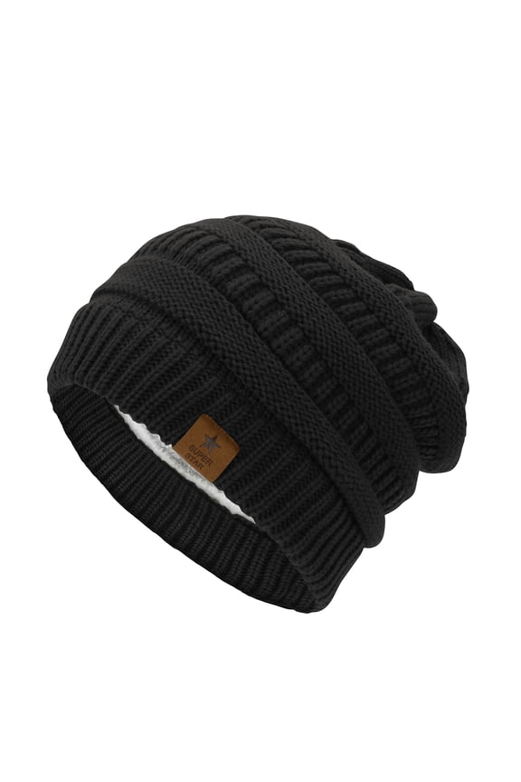 Womens Knit Beanie Winter Thick Solid Fleece Lined Beanie Hats for Women Men Unisex Warm Skiing Beanies Black