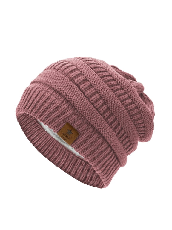 Womens Knit Beanie Winter Thick Solid Fleece Lined Beanie Hats for Women Men Unisex Warm Skiing Beanies Pink