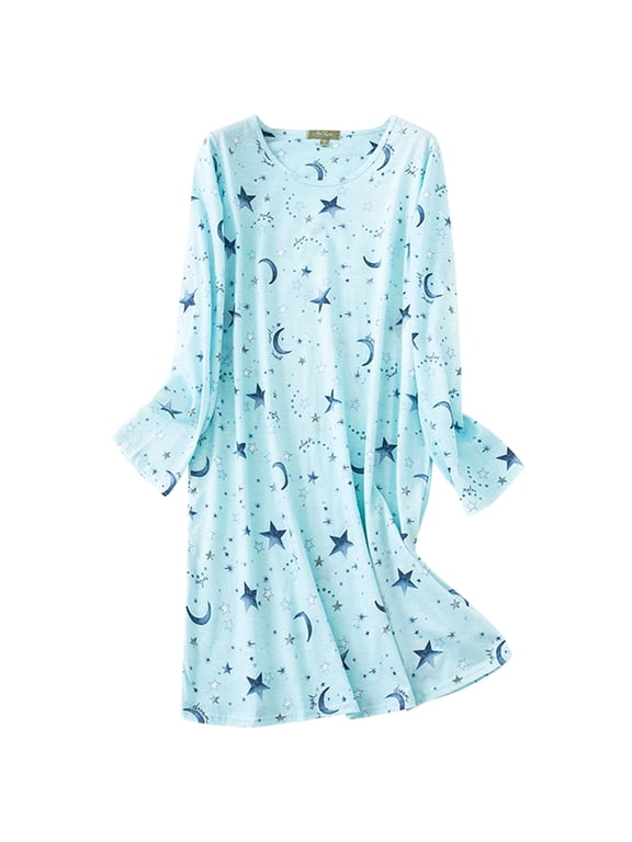 Womens Long Sleeve Nightgowns Cotton Nightgowns Sleep Shirt for Women Soft House Dresses Night Gown for Ladies Green Star XL