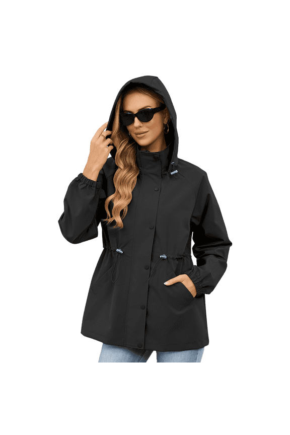 Womens Rain Jacket Waterproof with Hood Lightweight Windbreaker Adjustable Waist Casual Trench Raincoat for Travel Hiking Black 2XL