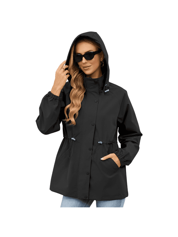 Womens Rain Jacket Waterproof with Hood Lightweight Windbreaker Adjustable Waist Casual Trench Raincoat for Travel Hiking Black L