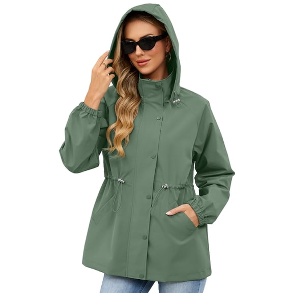 American Trends Womens Rain Jacket Waterproof with Hood Lightweight Windbreaker Adjustable Waist Casual Trench Raincoat for Travel Hiking Green L