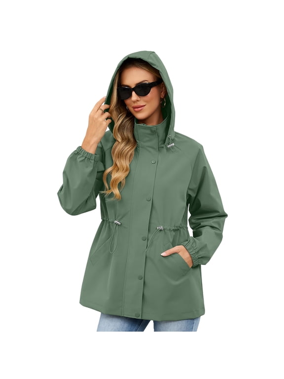 Womens Rain Jacket Waterproof with Hood Lightweight Windbreaker Adjustable Waist Casual Trench Raincoat for Travel Hiking Green XL